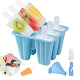 Eisformen, 6 Silikon Popsicle Formen Set, DIY hausgemachte kreative Popsicle Formen Set mit 1 Silikontrichter und 1 Reinigungsbürste, BPA-Frei (Blau)