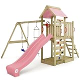 WICKEY Spielturm Klettergerüst MultiFlyer mit Schaukel & pastellpinker Rutsche, Outdoor Kinder Kletterturm mit Sandkasten, Leiter & Spiel-Zubehör für den G