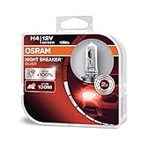 Osram Night Breaker Silver H4, +100% mehr Helligkeit, Halogen-Scheinwerferlampe, 64193NBS-HCB, 12V Pkw, Duo Box (2 Lampen)