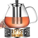Teekanne Glas 1500ml mit Siebeinsatz - Glaskanne Tee mit Kerzenwärmer - Teebereiter Spülmaschinenfest