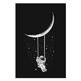 Lustige Kunst-Leinwand-Malerei, Weltraum, Astronaut, schwankender Mond, Sterne, Wandkunst, Bilder, Poster und Drucke, Heimdekoration, 50 x 75 cm (20 x 30 Zoll) mit Rahmen