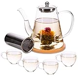 Glas-Tee-Set, 1200 ml, Teekanne mit 4 Tassen, Geschenk-Set, lose Teeblätter mit Teesieb, Teekannen-Set für Nachmittagstee,teebereiter
