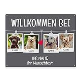 Hunde Schild personalisiert - Willkommen bei - Metallschild mit Foto und Name für außen, wetterfestes Türschild für Hundebesitzer - DIN A5-21 x 15 cm, Vier Tiere, grau