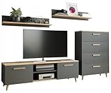MATKAM Wohnzimmermöbel-Set Fiord, 4-teilig, 1 x TV-Kommode, 1 x Wohnzimmerkommode, 2 x Hängeregale (Anthrazit-Artisan Eiche)