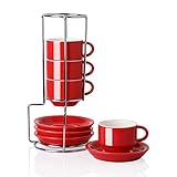 SWEEJAR Home Porzellan Espressotassen mit Untertassen, 75 ml stapelbare Cappuccinotassen mit Metallständer für Kaffeegetränke, Latte, Tee - 4er Set (rot)