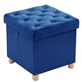 BRIAN & DANY Faltbarer Sitzhocker Samt mit Stauraum und Deckel mit Holzfüßen, 40 x 40 x 40 cm, Blau