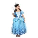 Rabtero Kinder Prinzessin Kostüm, Mädchen blaue Cinderella Prinzessin Dress Up, Luxus Prinzessin Kleid mit Zubehör für Mädchen 7-8 Jahre