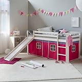 Homestyle4u 2576, Kinderhochbett Leiter Weiß 90 x 200cm Holz Kiefer Kinderbett pink rosa mit Rutsche Lattenrost Vorhang