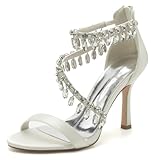 Damen Braut High Heels Hochzeit Stiletto Absatz Sandalen Satin Damen Schuhe Pumps Hochzeitsschuhe Braut Partei Abendschuhe 9.5Cm,Elfenbein,42 EU