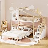 NQSLDM Etagenbett 90x200 und 140x200 cm mit Stauraum und Treppe, Stockbett Kinderbett mit Lattenrost und Dach, Bettgestell mit Rausfallschutz, Bett für Kinder und Jugendliche, Holzfarb