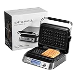 Waffeleisen Belgische Waffel 1600W, Smart Doppelwaffeleisen Pro mit LED Display, 2-Slice, 5 Verschiedene Programme, 7 Bräunungsstufen, Edelstahl, Silber