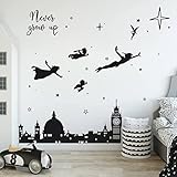 Runtoo Wandtattoo Peter Pan Wandsticker Big Ben Schwarz Silhouette Wandaufkleber Kinderzimmer Babyzimmer Mädchen Junge Wanddek