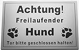 Warnschild Achtung Freilaufender Hund, Tor geschlossen halten, Schild Hundeschild Silber (20x15cm 4 Löcher Ecke)