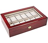SAFE 260 Lackholz Uhrenaufbewahrungsbox Herren Damen aus Holz für 12 Uhren - mahagonifarbend - einzeln abnehmbare Fächer - Verschließbar - mit Klarsicht Deckel - 360 x 238 x 76 mm