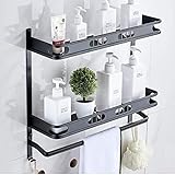 Modern Polished Wall Mounted Bathroom Towel Warmer Punch Free Towel Shelf Storage Organizer for Saving Space and Hooks Black (Black)