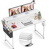 ODK Schreibtisch Weiß mit Monitorständer Höhenverstellbar, 120x50x74cm Computertisch mit Aufbewahrungstasche, PC Tisch mit Kopfhörer Halter, Kleiner Bürotisch Officetisch für Home Office