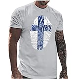 HEVÜY Herren HenleyKragen Vintage Distressed Tshirts 3D Cross Knights Print Langarm Outdoor Tshirts Retro Distressed Shirts Sommer Basic Top Sportshirt (Gray, XL)