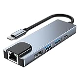USB C Hub, 5 in 1 USB C Dongle Docking Station Multiport Adapter with1000M Ethernet, 5Gbps 2 USB 3.0 Data Ports, HDMI 4K@30HZ, USB C 3.0 100W PD