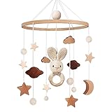 Mobile Baby Holz Mobile Babybett Bettglocke Windspiel baby mit Wolken Sterne Abnehmbar Häkelnadel Kaninchen Baby Mobile Spielzeug, Babyzimmer Dekoration Geschenk für Mädchen Jung
