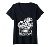 Damen Betrieben von Kaffee und Country-Musik Lustiger 80er Kaffeeliebhaber T-Shirt mit V-Ausschnitt