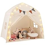 COSTWAY Spielhaus Kinder Indoor, Kinderzelt mit Flaggen und Lichterketten, Prinzessin Spielzelt, Großes Kinderspielhaus für Jungen und Mädchen ab 3 Jahren, 157 x 98 x 148 cm (Beige)