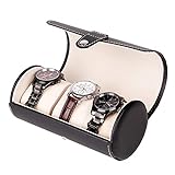 J.Mmiyi Leder Uhrenbox Uhrenkasten Zylinderform Mit 3 Mat Tragbar Aufbewahrungsbox, Weihnachts Geschenk,Schwarz