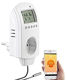 revolt Funkthermostat: WLAN-Steckdosen-Thermostat für Heizgeräte, App, Sprachbefehl, Sensor (Steckdose mit Temperaturfühler)