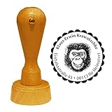 Stempel Adressstempel « grinsender SCHIMPANSE » Durchmesser ca. Ø 40 mm - mit persönlicher Adresse, Motiv und Zierrand - Tier Affe Affen Kopf Grinsen