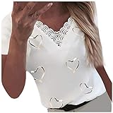 Frauen Tops Fashion Hearts Print Shirt V-Ausschnitt Spitze Patchwork T-Shirt Kurzarm Pullover Bluse Elegante Bürokleidung(L,Weiß)