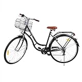 MuGuang 28 Zoll 7-Gang, Komfort Fahrrad mit Korb und Rückenträger, Hollandrad, Damenfahrrad, Citybike, Cityrad, Retro, Vintage (Schwarz)