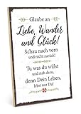 TypeStoff Holzschild mit Spruch – GLAUBE AN Wunder, Liebe UND GLÜCK – im Vintage-Look mit Zitat als Geschenk und Dekoration zum Thema Zukunft und Leben (19,5 x 28,2 cm)