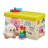 Relaxdays Sitzbox Kinder, Faltbare Aufbewahrungsbox mit Stauraum, Deckel, Motiv Tiere, Jungen & Mädchen, 50 Liter, gelb