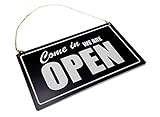 Ladentürschild „Open/Closed“, Schwarz und Weiß, graviert, wendbar, doppelseitig, Schild zum Aufhängen