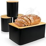 WENKO Brotkasten Schwarz [Luftdichter Deckel aus Bambus] Brotbox zur Brotaufbewahrung inkl. 3-er Set Vorratsdosen mit Deckel für Lebensmittel, Brot Aufbewahrungsbox, Bread Box, Brotkasten Metall