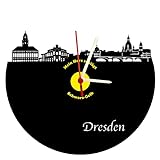Wanduhr Dresden Skyline, schwarz-gelb hochwertige Acrylglas Uhr mit lautlosem Quarzwerk, 3mm Stärke