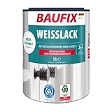 BAUFIX Weisslack, seidenmatt, 1 Liter,Lackfarbe, wasserbasierter weißer Lack, schnelltrocknend, vergilbungsbeständig, für Holz/Mauerwerk/Beton