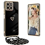 Yutwo Handykette Honor 200 Smart Hülle mit Band, Handyhülle für Honor 200 Smart mit Band Stoßfeste Hülle mit Love Herz Galvanik Kordel Schutzhülle für Honor 200 Smart mit Band, Schw