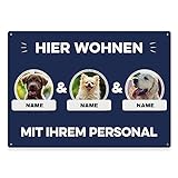 Hunde Schild personalisiert - Hier wohnt mit Personal - Metallschild mit Foto und Name für außen, wetterfestes Türschild für Hundebesitzer - ca. DIN A4-28 x 20 cm, DREI Tiere, blau