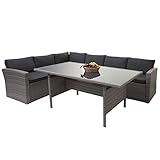 Mendler Poly-Rattan-Garnitur HWC-A29, Gartengarnitur Sitzgruppe Lounge-Esstisch-Set Sofa - grau, Kissen g