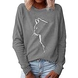 Xmiral Sweatshirt Damen Katze Gedruckt Einfarbig Pullover Slim Fit Langarm O-Ausschnitt T-Shirt Bluse(Grau,XL)