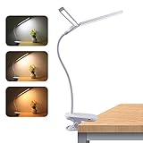 omitium Schreibtischlampe LED Dimmbar, 48 LEDs Doppelkopf Tischleuchte mit Clip 3 Farb und Stufenlose Helligkeit 360° Flexible Augenschutz USB Ladeanschluss Nachttischlampe für Büro, Lernen, Lesen etc