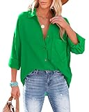 NONSAR Bluse Damen Lässiges Hemd mit V-Ausschnitt 100% Baumwolle Lockere Passform Solide Dickes Oberteil Elegant mit Tasche(9353XL,Grün)