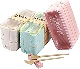 Yesland 3er Set Bento Box, Weizenstroh 3-in-1-Fach Japanische Brotdose mit Trennwand, Stapelbarer All-in-One-Lunchbehälter für Kinder und Erwachsene (Beige, Pink & Grün)