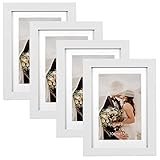 EXYGLO 4er Set Bilderrahmen 10x15 cm mit Passepartout oder 13x18 cm ohne Passepartout, Elegante Fotorahmen mit weißen Holzmaserungsrahmen, Wand- oder T