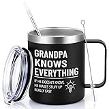 Qtencas Grandpa Gifts, Opa Knows Everything. If He Doesn't Know, He Makes Stuff Up Really Fast Travel Mug, Grandpa Fathers Day for Grandpa, 340 ml Edelstahl-Isoliertasse, Schwarz