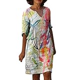 AFFGEQA Damen Freizeit Kleider Damen Vintage Print Kleid V-Ausschnitt Kleid Mittellanges Kleid Halbarm Kleid