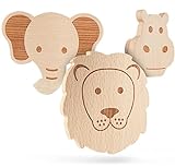 Qomfy Home® Kindergarderobe (3er Set) Löwe Elefant Hippo – Eine moderne Garderobe für Kinder mit präziser Lasergravur – Aus naturbelassenem Holz
