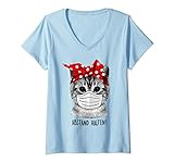 Damen Abstand Halten Katze Schutzmaske lustige Katze T-Shirt mit V-Ausschnitt