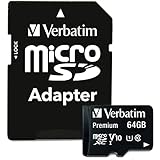 Verbatim Premium Micro SDXC Speicherkarte mit Adapter, 64 GB, Datenspeicher für Foto- und Video-Aufnahmen, Micro SD Karte in schwarz, ideal für Handy, Kamera oder Tablet