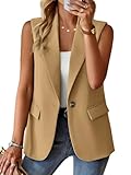 ALSOGO Blazer Damen Ärmellos Weste Sportlich Elegant Einfarbig Blazer Jacke Mantel Geschäft Büro Anzugjacke Revers Offene Vorderseite Freizeit Business Jacke mit Tasche Khaki L